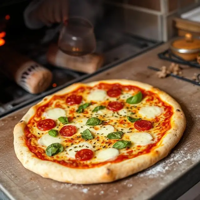 A pizza being cooked in a brick oven