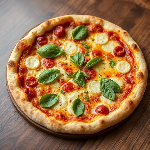 A vegetarian pizza with colorful toppings